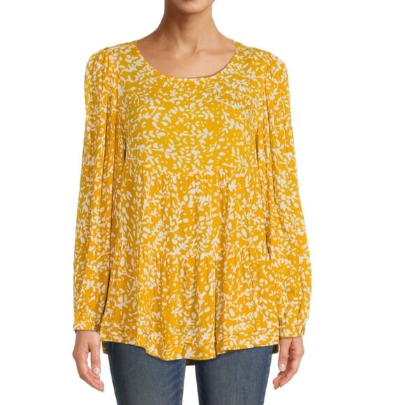 Boho Cottagecore Mustard Yellow Floral Tiered Balloon Sleeves Flowy Top - Picture 1 of 13